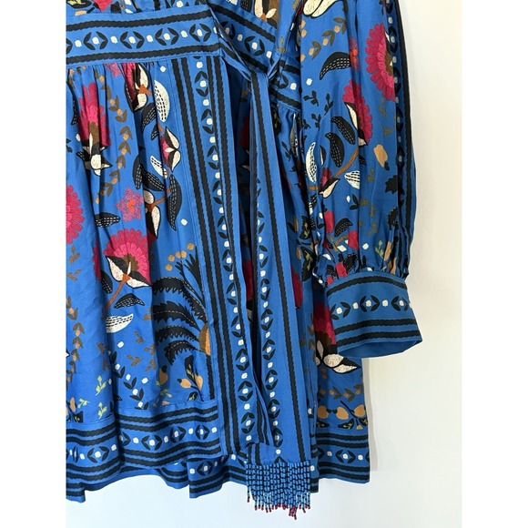 NEW, Farm Rio Palms Paradise Long Sleeve Wrap Minidress  Dress Blue L Large - Picture 2 of 16